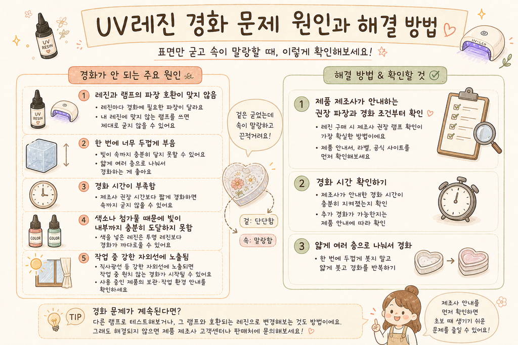 UV레진 사용법|처음 써보면서 몰랐던 것들 UV레진 경화 문제 원인과 해결 방법 손그림 일러스트
