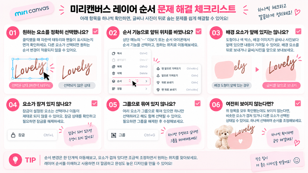 미리캔버스 레이어 순서 바꾸기, 글씨나 사진이 뒤로 숨을 때 미리캔버스 레이어 순서 문제 해결 체크리스트